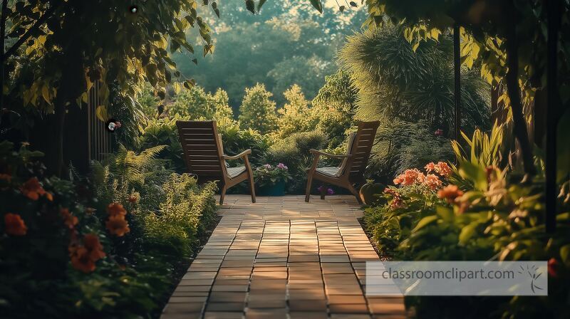 A tranquil garden features two wooden chairs placed on a brick pathway surrounded by vibrant flowers and lush greenery under soft morning light