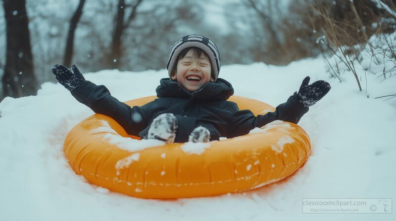 A cheerful Chinese boy enjoys a winter day by sliding down a snow covered slope on a bright orange swim ring. His laughter fills the air as snowflakes gently fall around him.