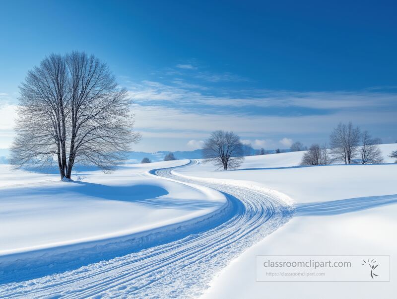 A tranquil winter scene featuring a winding path through deep snow surrounded by bare trees under a clear blue sky The landscape evokes a peaceful and serene atmosphere