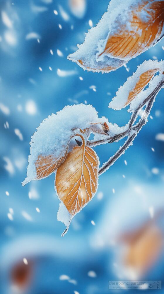 Glistening leaves covered in snow cling to a branch against a backdrop of swirling snowflakes. The winter atmosphere exudes a serene magical quality.