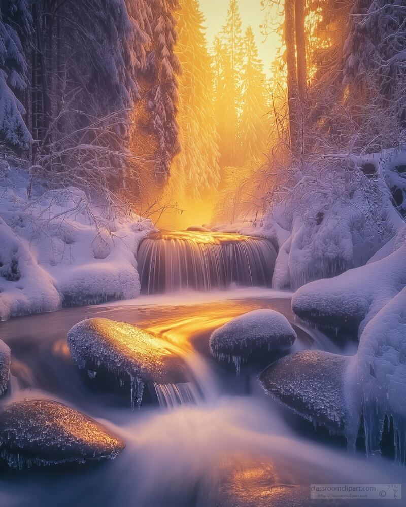 Winter Waterfall in Misty Forest During Twilight Glow