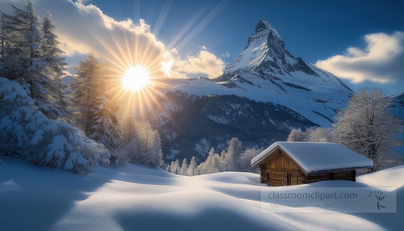 A peaceful snowy landscape in Switzerland showcases tall mountains with a warm sun shining through clouds and a small wooden house nestled among trees Snowflakes dance in the air