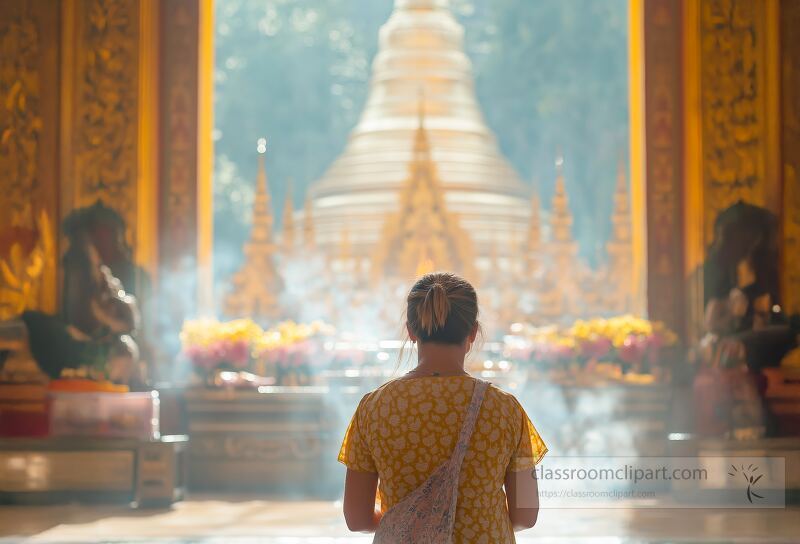 People gather at Shwedagon Pagoda in Yangon Myanmar to present offerings amidst an atmosphere filled with incense and vibrant floral arrangements showcasing local traditions