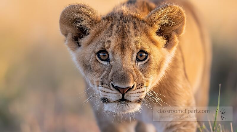 A young lion cub wanders through its natural habitat during sunset showcasing its playful curiosity The soft golden light highlights its distinctive features and lively demeanor