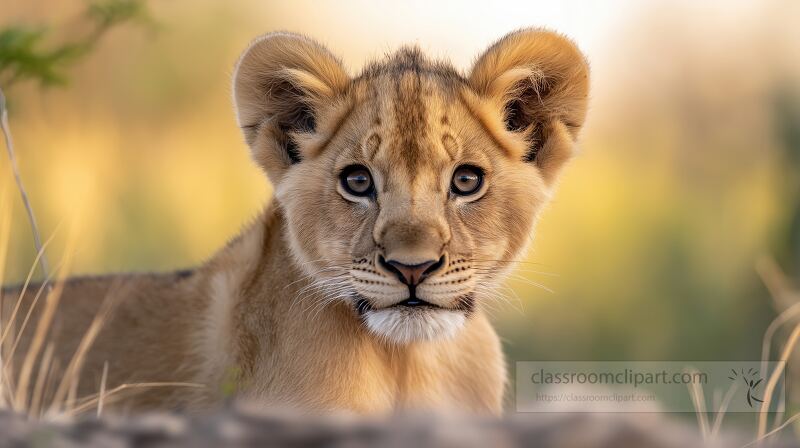 A young lion cub with bright eyes and soft fur sits attentively on a rock The golden sunlight highlights the surrounding grass and trees creating a serene atmosphere in the wildlife habitat