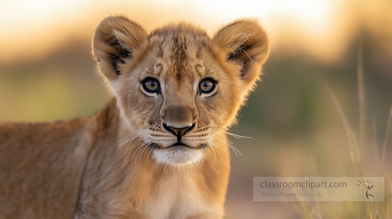 A young lion cub stands alert gazing into the distance Soft golden light highlights its fur while lush grass frames the background indicating a serene savanna environment