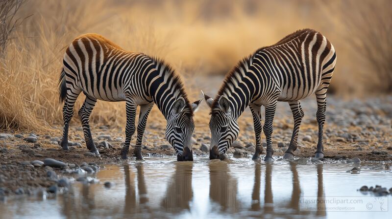 Two zebras enjoy a refreshing drink from a serene water source at Samburu National Reserve. The warm light of dusk casts a beautiful glow over the landscape highlighting their striking stripes.