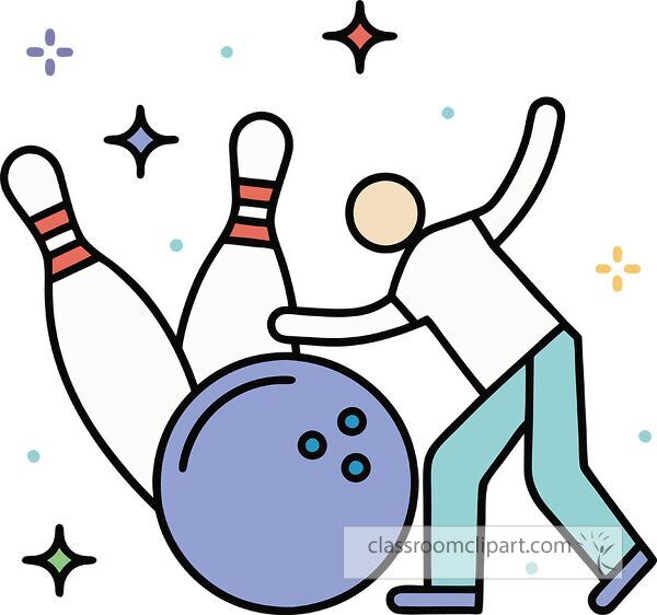 A cartoon-style illustration of a person bowling, with a blue bowling ball and pins. The scene is decorated with colorful stars and dots, adding a playful touch.