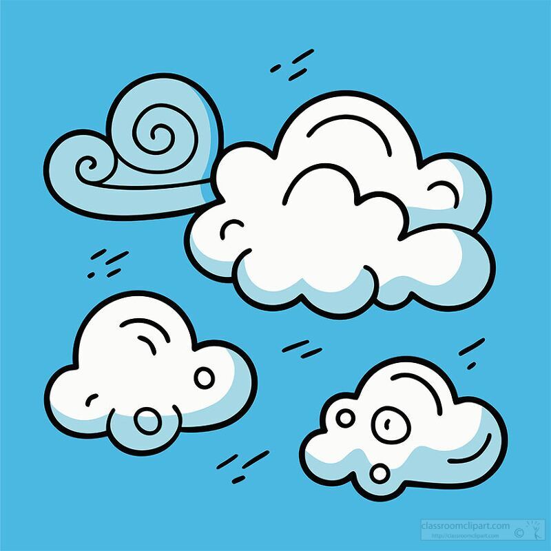 A playful illustration of three cartoon-style clouds against a bright blue background, featuring a whimsical swirl of wind.