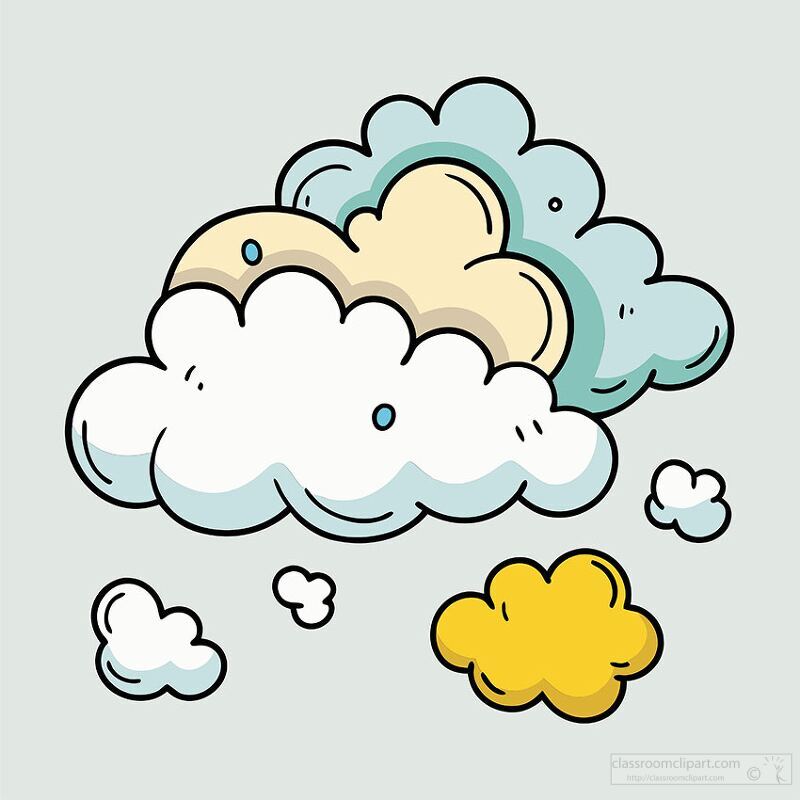 A whimsical illustration of clouds in various shapes and colors, including white, light blue, yellow, and cream. The clouds are cartoonish and playful, set against a light background.