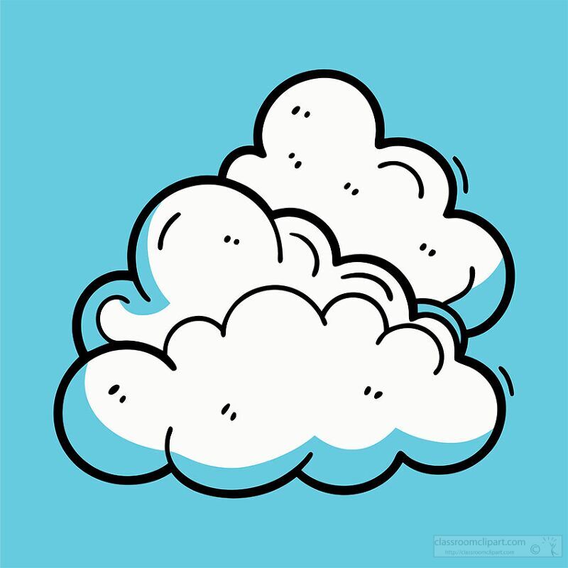 A cartoon-style illustration of fluffy white clouds against a bright blue background. The clouds have a playful and whimsical appearance, with exaggerated curves and outlines.