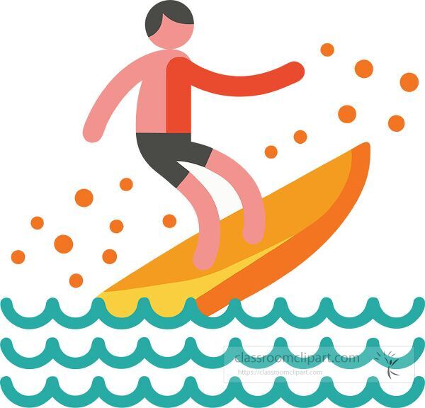 Brightly colored clip art showing a surfer riding a wave under the sun