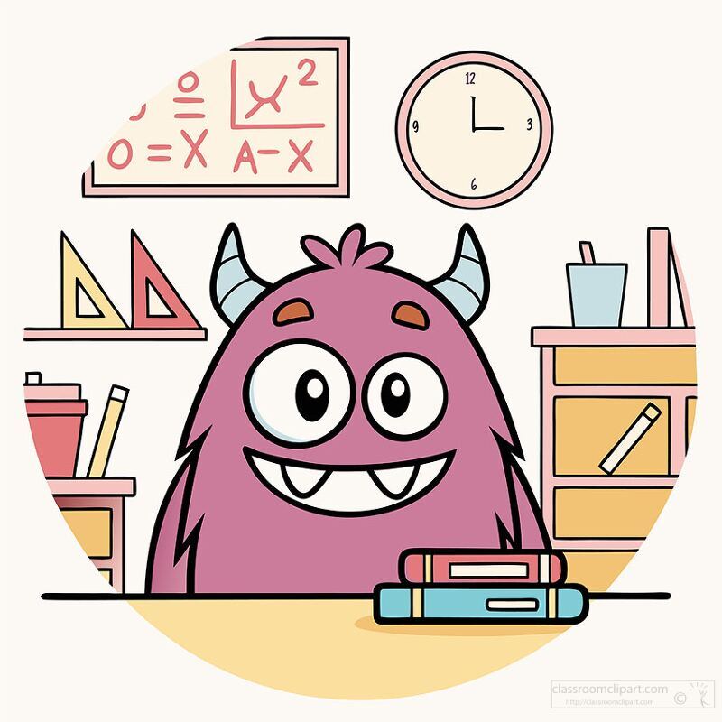 A cheerful pink monster sits at a desk in a vibrant classroom filled with educational tools It smiles brightly surrounded by books and materials embracing the joy of learning