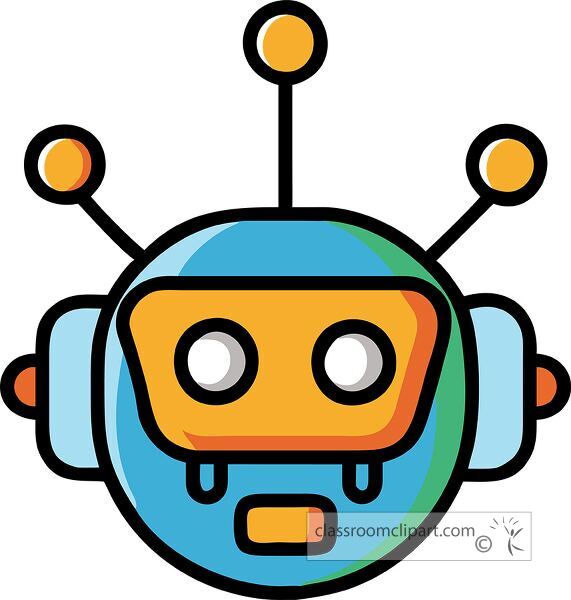 Colorful robot head icon features bold outlines and geometric shapes in flat design