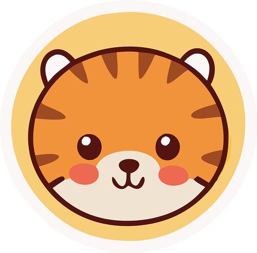 A bright yellow round sticker featuring a smiling tiger face with cute stripes and rosy cheeks