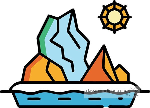 A colorful illustration of mountains and a sun over water, featuring geometric shapes and vibrant colors.