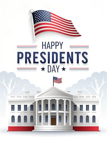 The White House is adorned with a flag while celebrating Presidents Day with festive text and decorations