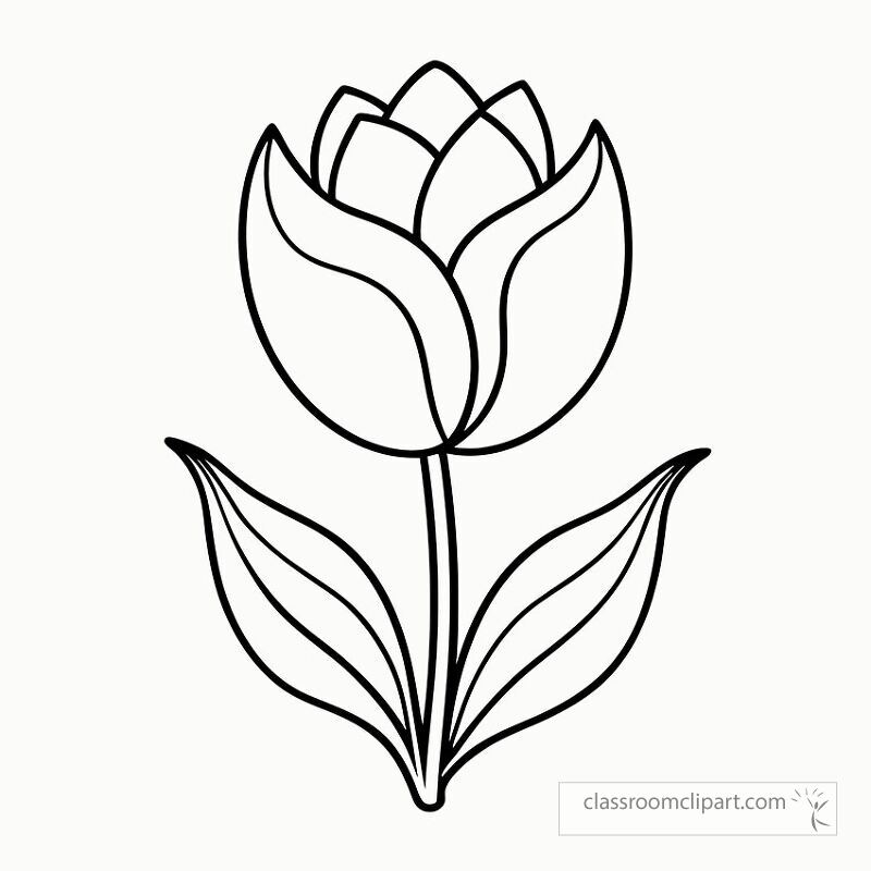 This black outline features a stylized tulip with delicate petals and leaves ideal for coloring or crafting projects. A beautiful floral design for creative activities.