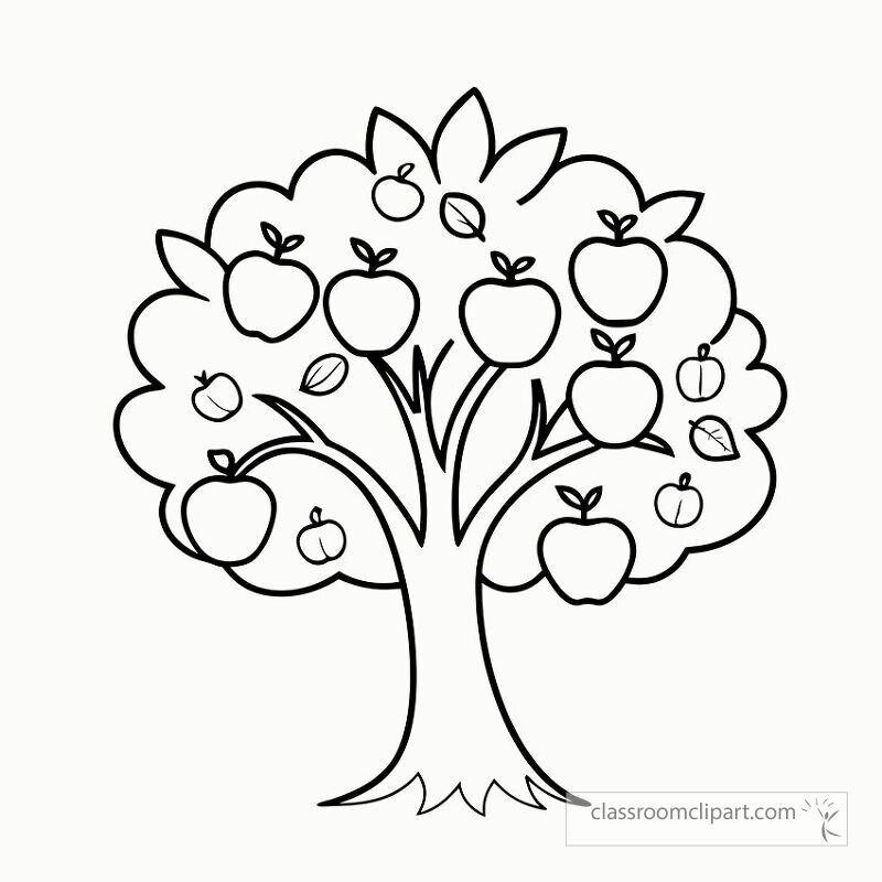 A vibrant black outline of a tree filled with various fruits is ready for coloring. Ideal for art projects this design can be used in educational settings or for relaxing activities.