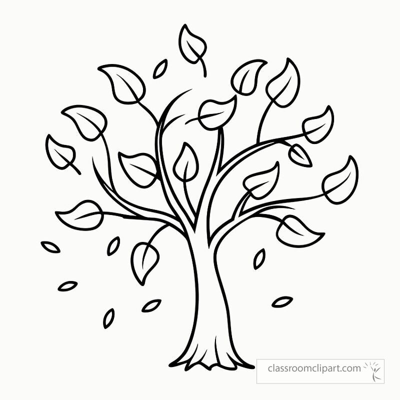 A black outline drawing of a tree shedding its leaves. The branches stretch out with leaves drifting down depicting a serene autumn atmosphere perfect for printing.