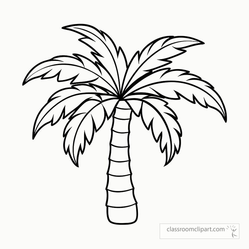 This printable features the black outline of an areca palm tree showcasing its tall trunk and lush fronds. Perfect for art projects or coloring activities at any time.