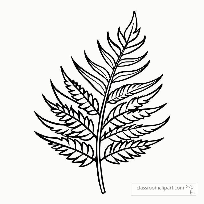 Detailed black outline of a fern leaf provides a versatile template for various creative projects. Ideal for coloring crafts or botanical illustrations at any time.