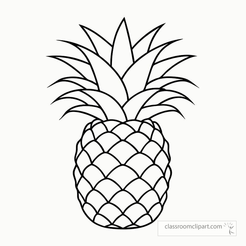 This black outline illustration features a pineapple plant. Ideal for coloring activities it showcases the distinctive leaves and textured body of the pineapple perfect for creative projects.