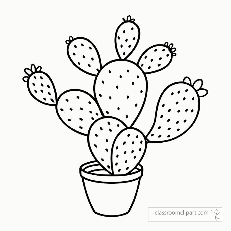 This black outline features a prickly pear cactus in a pot showcasing its unique pads and spines. Perfect for coloring activities or artistic projects.