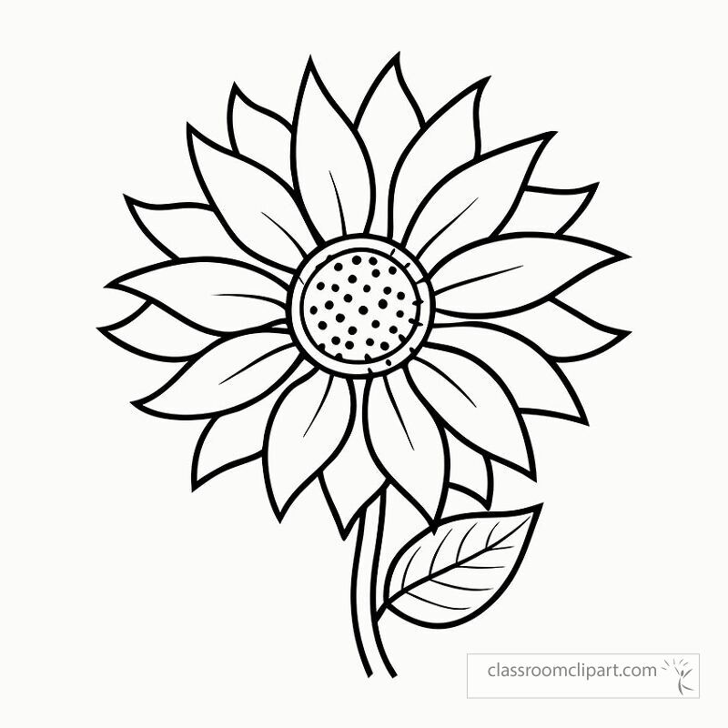 This black outline sunflower design features intricate petal shapes and a detailed center ideal for coloring activities. Perfect for craft projects or educational purposes.