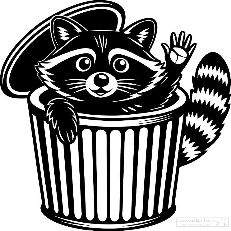 A cute raccoon emerges with a joyful expression from a dumpster. Its paw is raised in a friendly wave showcasing its playful nature. The setting emphasizes a whimsical scene in an urban environment.