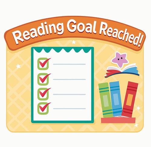 Encourage literacy with this fun Reading Goal Reached sticker featuring a checklist books and bright motivational elements