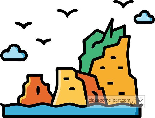 A colorful illustration of a rocky coastline with stylized cliffs, birds flying in the sky, and clouds above