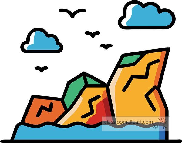 A colorful abstract illustration of rocky cliffs by the sea, featuring stylized clouds and birds in the sky.