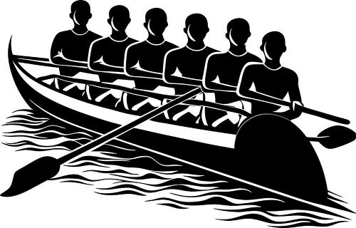 Silhouette of a rowing team navigating calm waters at dusk