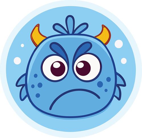 A cute but sad blue monster with horns and a frown inside a circular badge