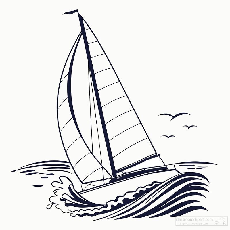 A graceful sailboat navigates through gentle waves in open water with its sails catching the breeze Birds soar overhead enhancing the peaceful maritime atmosphere