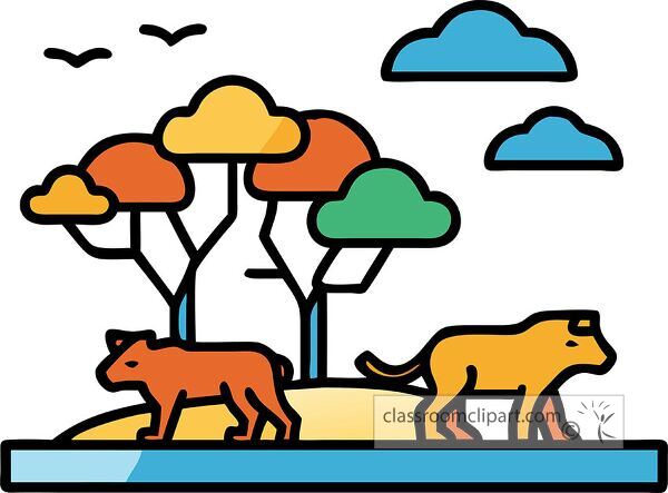 A stylized illustration of two animals walking on a landscape with trees and clouds