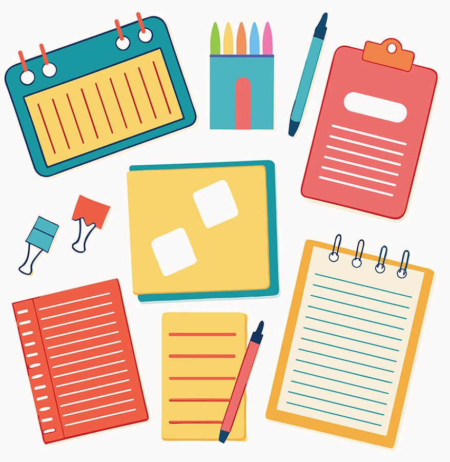 collection of bright and colorful school supplies including notebooks sticky notes pens and markers