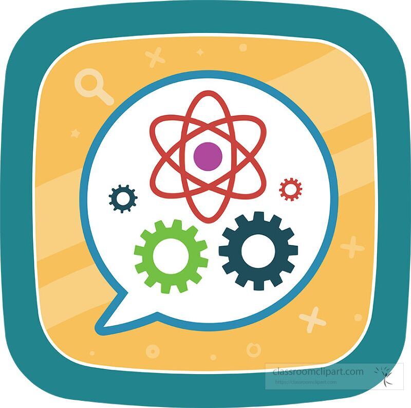 This clip art illustrates science concepts with an atom surrounded by colorful gears It visually represents themes of innovation and discovery in a playful style