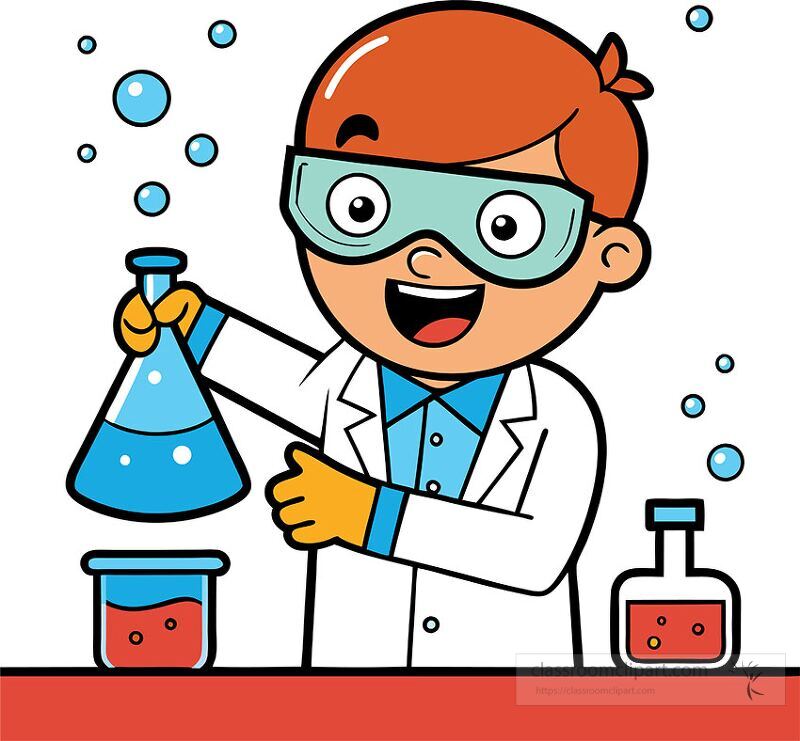 A cheerful scientist in a lab coat is mixing colorful liquids in beakers The atmosphere is filled with bubbles and the excitement of discovery in a laboratory setting