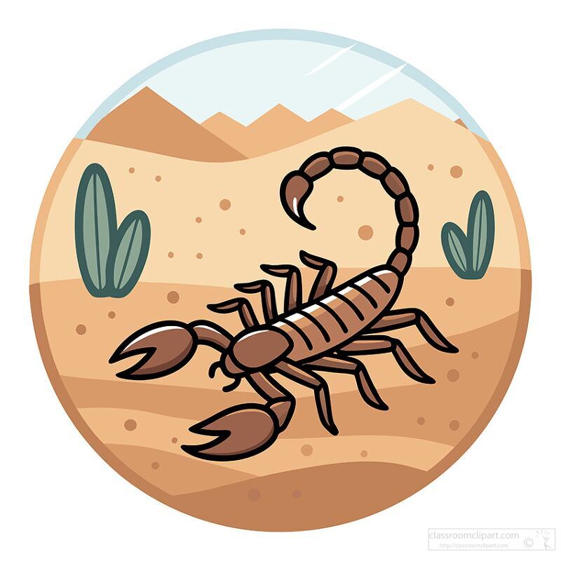 A flat vector design showcases a scorpion moving across sandy terrain. The artwork features minimalistic details of desert plants against a warm, arid landscape.