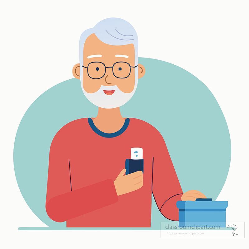 A diabetic senior patient holds a continuous glucose monitor in one hand while sitting at a table with a supply box nearby He looks happy and engaged in managing his health