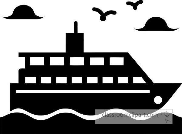 A silhouette of a ferry boat on water, with waves and birds flying in the sky