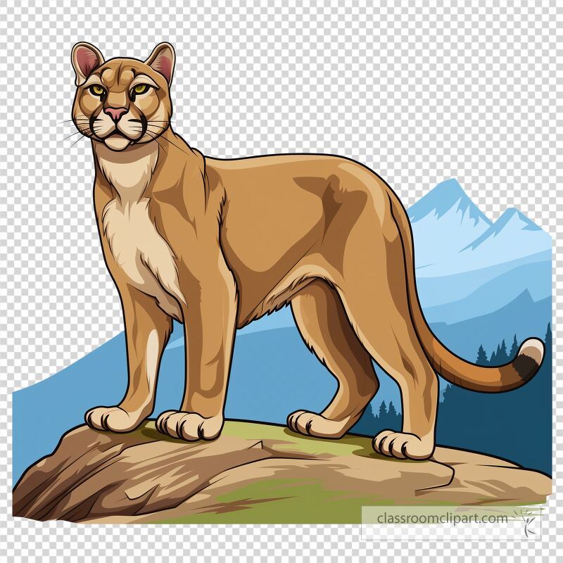 A cartoon mountain lion stands proudly on a rock with its confident stance and attentive gaze The background features mountains and a forest creating a wild atmosphere