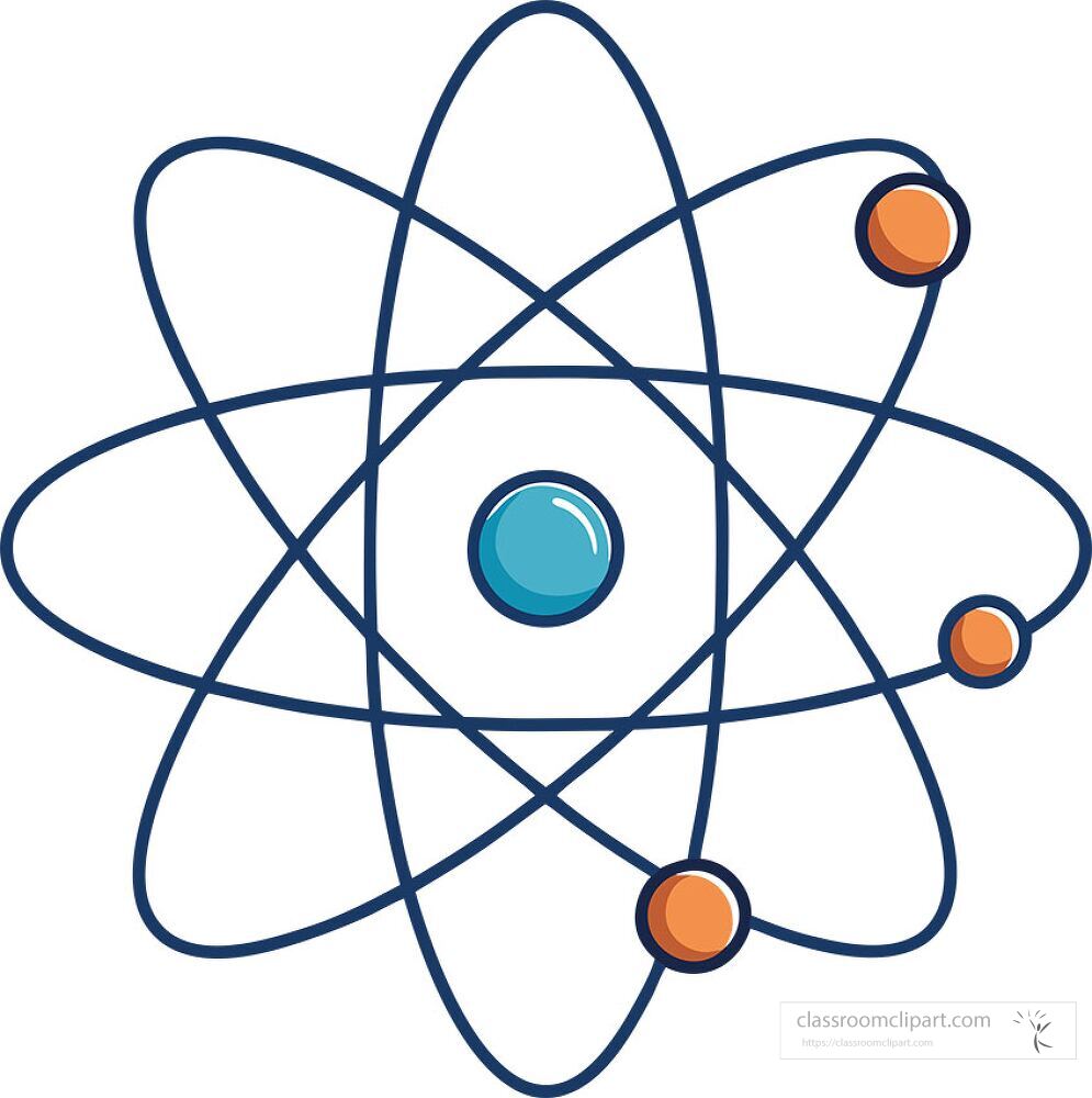 This design features an atom with a central nucleus surrounded by electrons in orbits The colors include blue for the nucleus and orange for the electrons in a clean graphic style