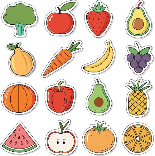 Colorful food stickers featuring fruits and vegetables for designs