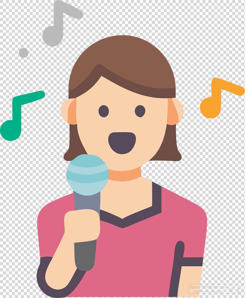 A person enthusiastically sings into a microphone surrounded by musical notes in bright colors. This lively activity captures a moment of expression and musical happiness.