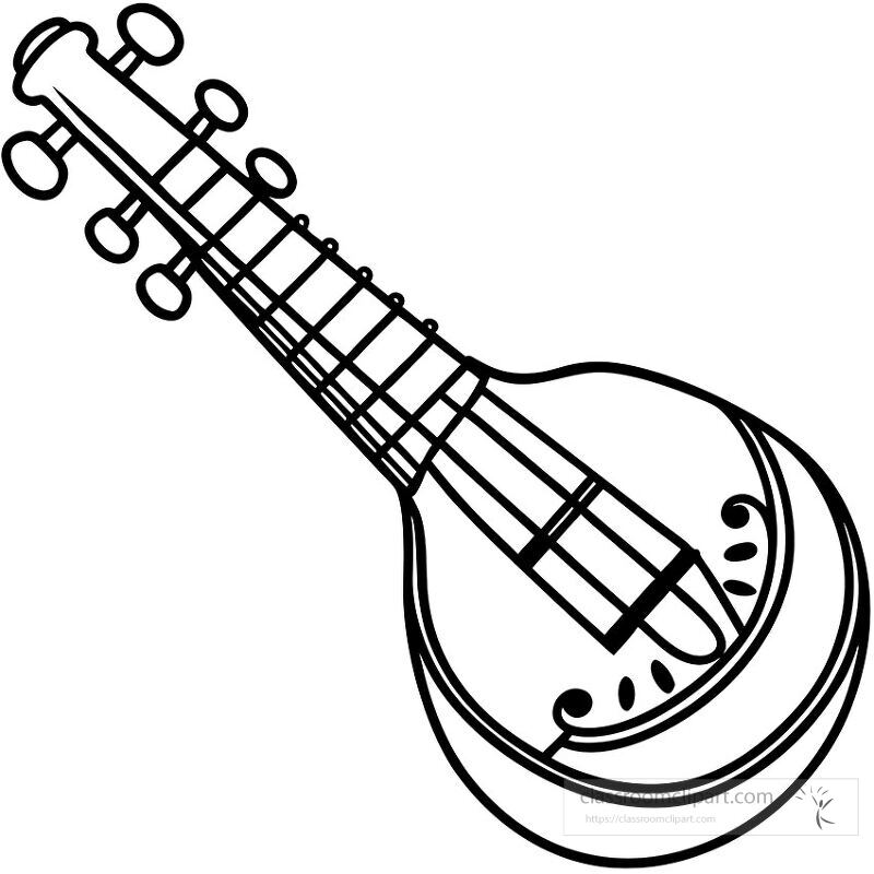 A detailed illustration of a sitar showcasing its unique shape and structure This clip art emphasizes the sitars strings and resonating body perfect for music related projects