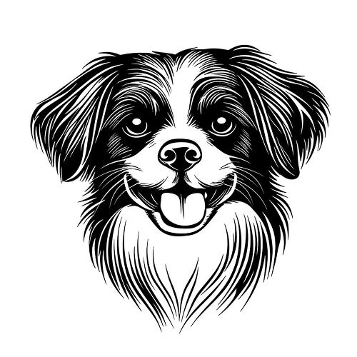 Border collie displays a cheerful expression with attentive eyes black line illustration