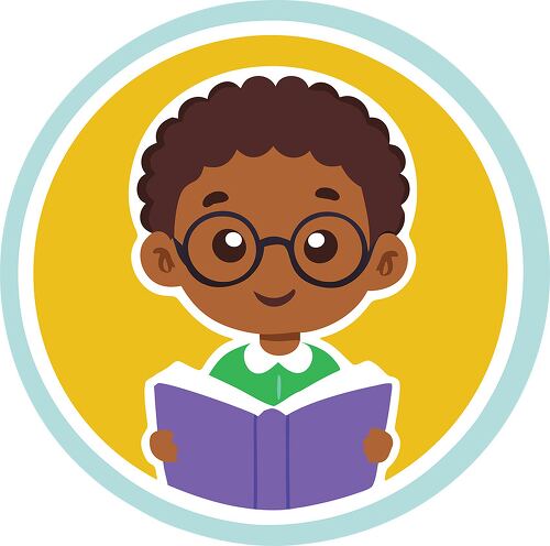 A boy with curly dark hair reading a book inside a circular sticker design